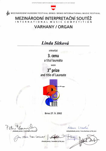 Diplom für den 3. Platz in Interpretationswettbewerb, Linda Sítková, Brno 2002