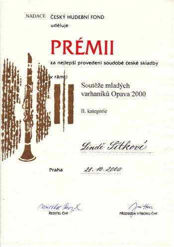 Diplom für die beste Aufführung der zeitgenössischen tschechischen Komposition von ČHF, Linda Sítková, Opava 2000