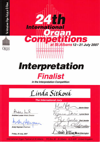 Diplom für die Teilnahme am Finale, Linda Sítková, St. Albans 2007