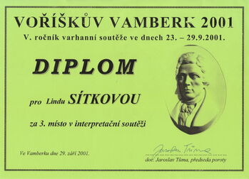 Diplom für den 3. Platz in Interpretationswettbewerb, Linda Sítková, Vamberk 2001