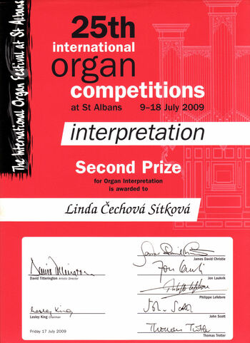 Diplom für den 2. Platz in Interpretationswettbewerb, Linda Sítková, St. Albans 2009