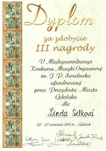 Diploma for 3rd place in interpretation competition, Linda Sítková, Gdansk 2003