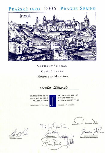 Diploma for Honorable Mention from the finals of the competition Linda Sítková, Prague Spring 2006