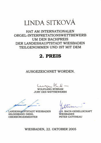 Diploma for 2rd place in interpretation competition, Linda Sítková, Wiesbaden 2005